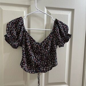 Hollister navy Floral Puff Sleeve Crop Top